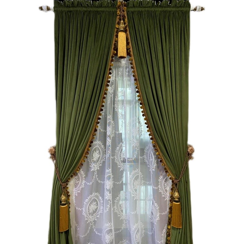 61n美式复古风橄榄绿纯色客厅书房遮光丝绒窗帘卧室加厚布帘2024