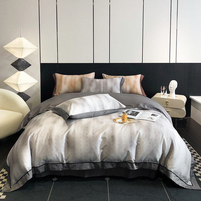 7y轻奢风100s高支被套四件套简约印花宽边长绒棉双人床上用品