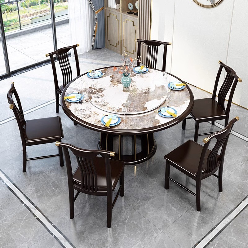 新中式岩板餐桌椅子组合可折叠方圆两用家用吃饭桌子简约现代家具