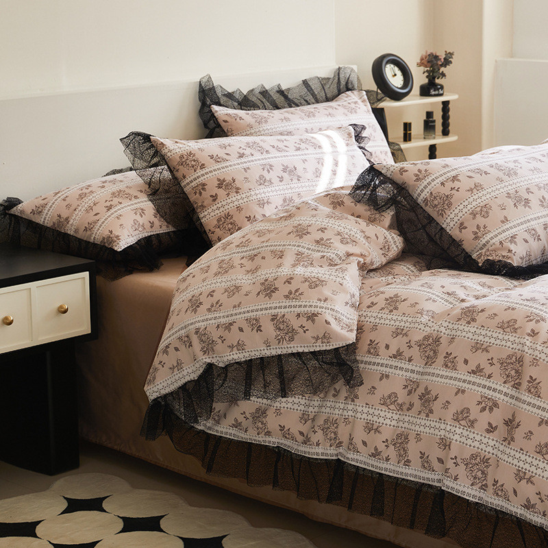 批发ins少女心法式小碎花棉四件套公主风黑色棉花边镂空4件套