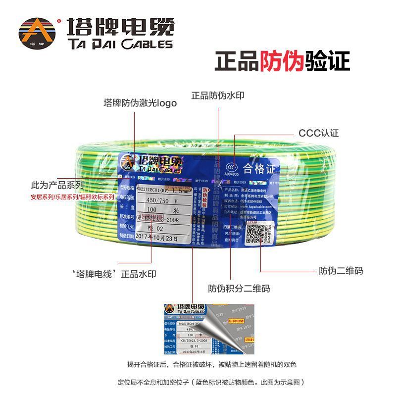 热销塔牌电线铜芯bvr家装多单股塔软芯布1×1.52.546硬牌电线其它