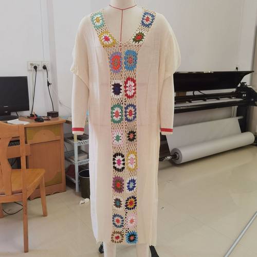 2021新款加长花拼接沙滩罩衫手钩镂空时尚宽松防晒长裙