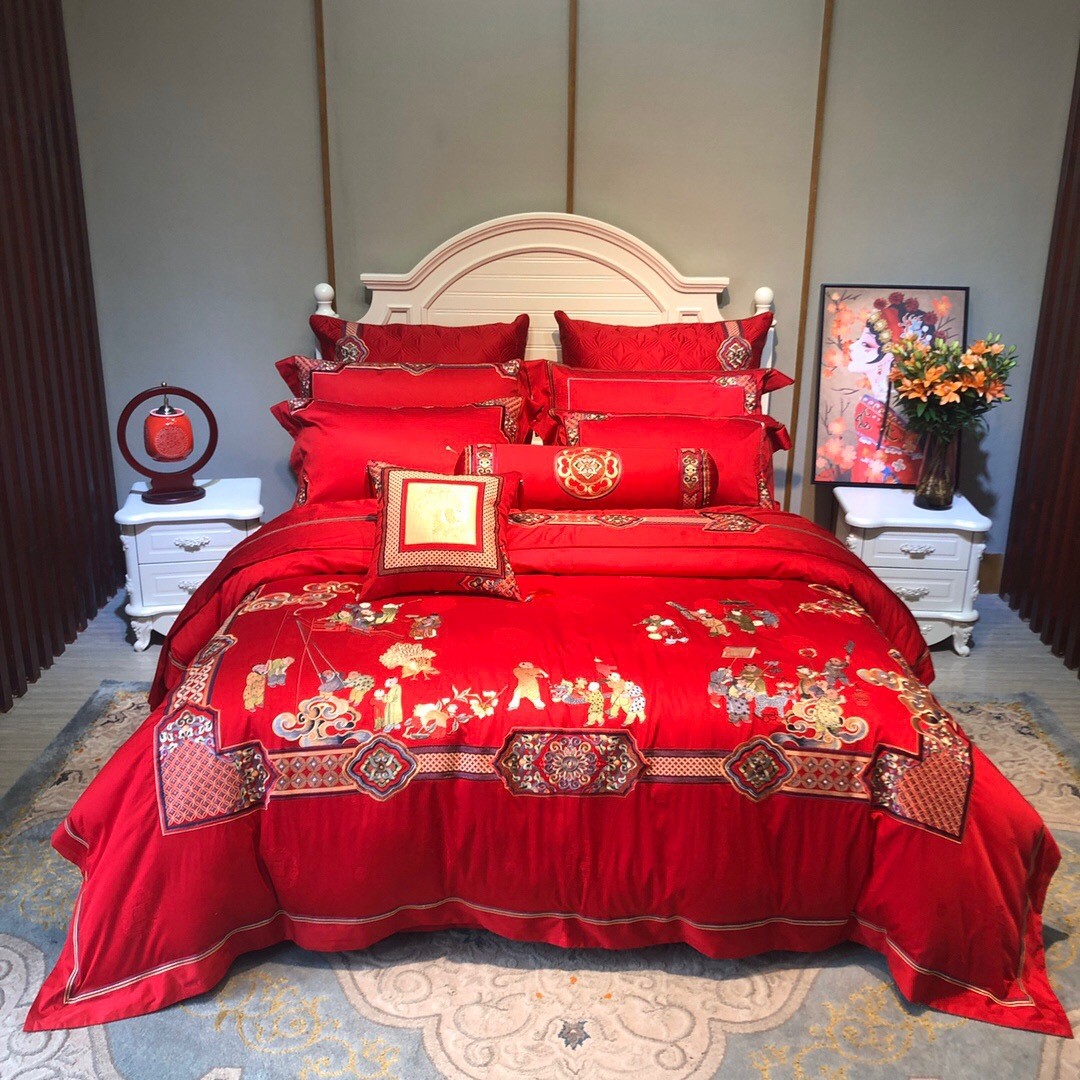 婚庆四件套喜床单全棉龙凤绣花大红色被套贡缎婚房提花结婚床上用