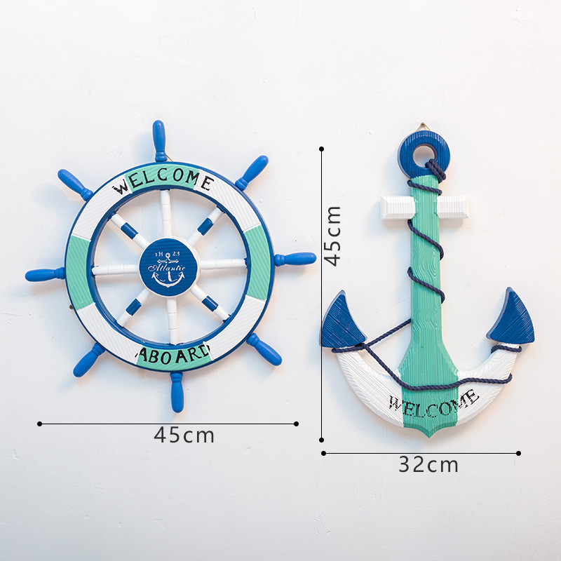 地中海风格浮装饰船锚船舵组合挂件海洋风装饰舵锚方向盘墙浮舵手