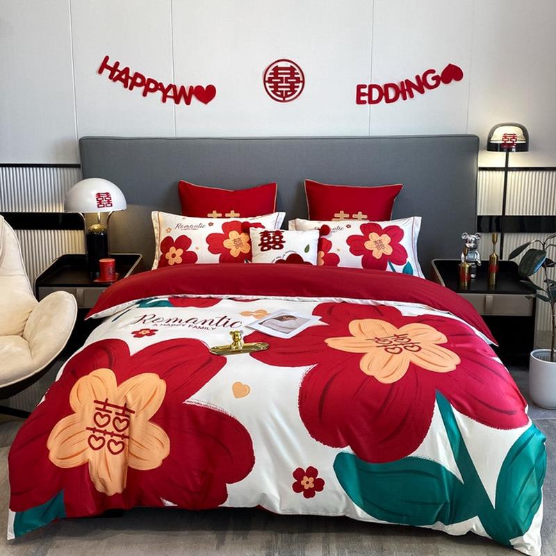 新婚婚庆红色婚房喜被床单被套被单婚礼大红色结婚床上用品四件套