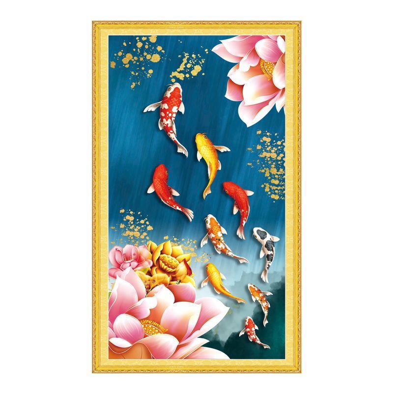 荷花九鱼图十字绣新款满绣客厅玄关竖版大幅自己手工线绣