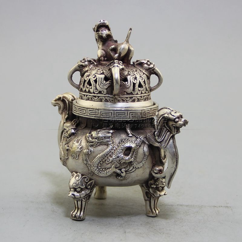 复古做旧古玩工艺品厂家现货铜制铜器旧做白铜双龙戏珠熏香炉摆件
