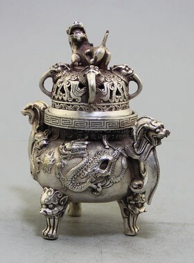 复古做旧古玩工艺品厂家现货铜制铜器旧做白铜双龙戏珠熏香炉摆件