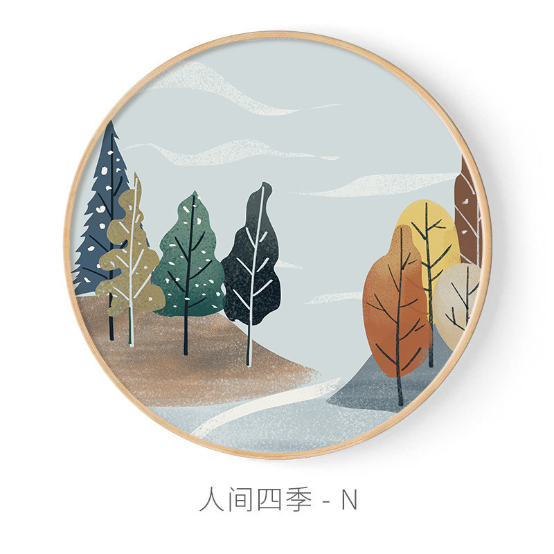 人间四季圆形装饰画客厅画现代简约风景壁画北欧卧室餐厅墙上插画图片