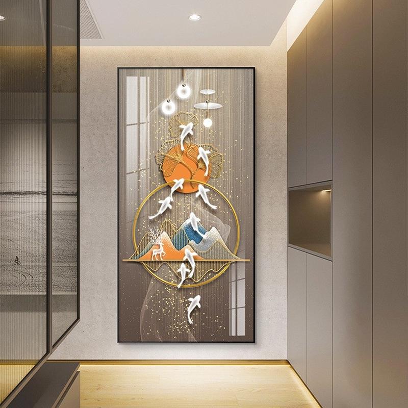 轻奢九鱼图入户挂画进门玄关装饰画轻奢感现代走廊正对面过道壁画