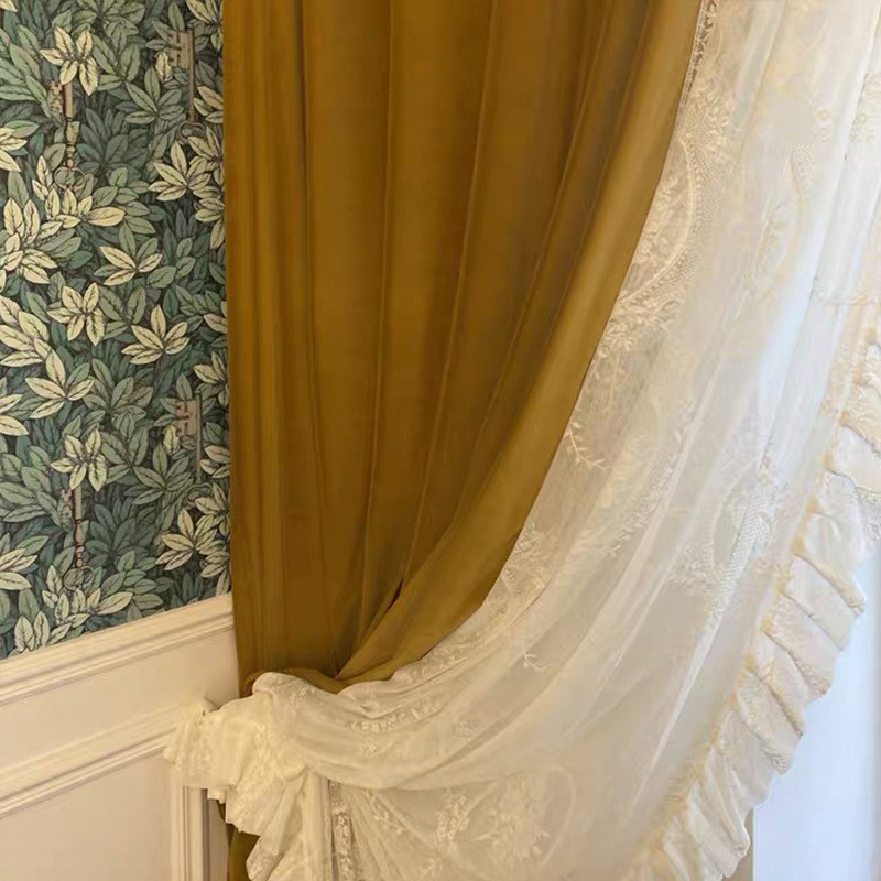 遮光奶油白色窗帘2024年新款蕾丝客厅轻奢丝绒布法式卧室飘窗新款