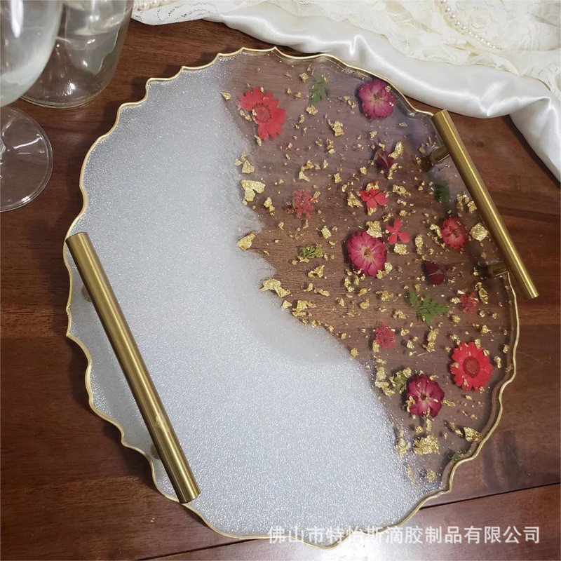 托盘珠光白透明真花干花金箔法式树脂滴胶时尚把手托盘卧室置物盘