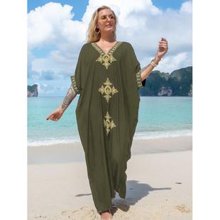 5色 21011 人棉金色绣花度假长袍罩衫 沙滩罩衫