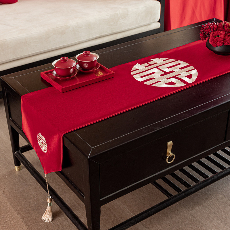 中式婚庆桌旗防水桌布喜字订婚婚礼红色装饰喜庆茶桌布喜事餐新款