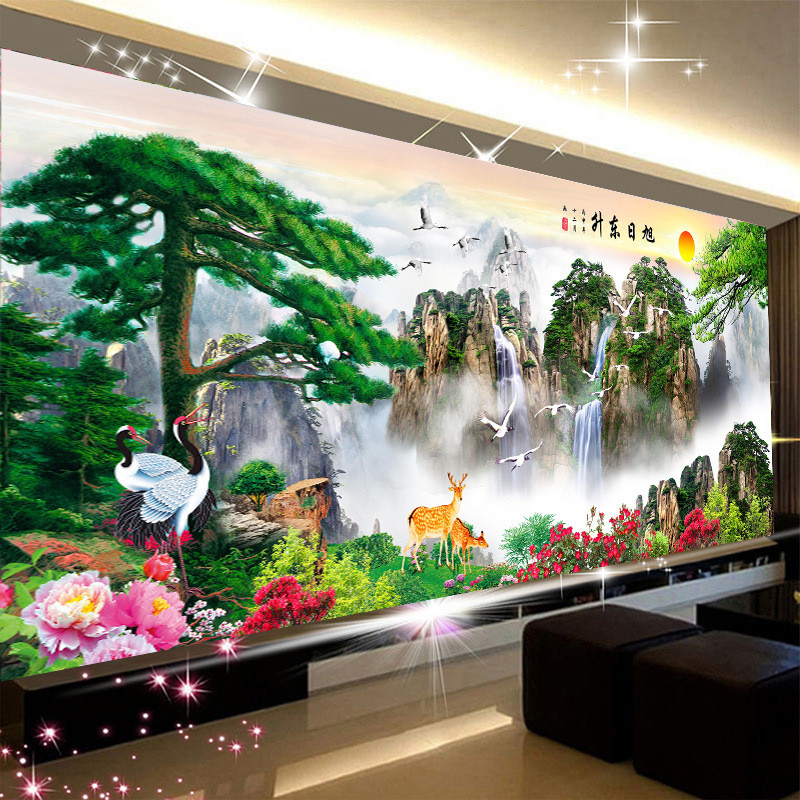 新款钻石画满钻十字绣客厅点贴钻风景山水画迎客松5D
