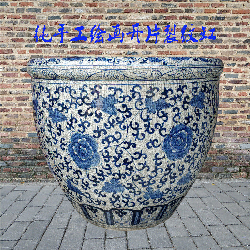 景德镇陶瓷鱼缸手绘仿古开片裂纹书画家居摆件青花缠枝莲插花器筒
