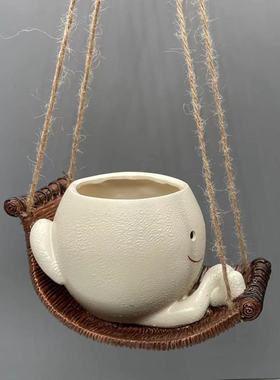 阳台花园庭院创意装饰品笑脸绿植多肉花盆吊篮挂件树脂摇床