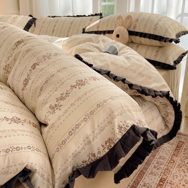 韩式皱皱纱床上四件套纯棉全棉2025新款公主风被套床单床品三件套