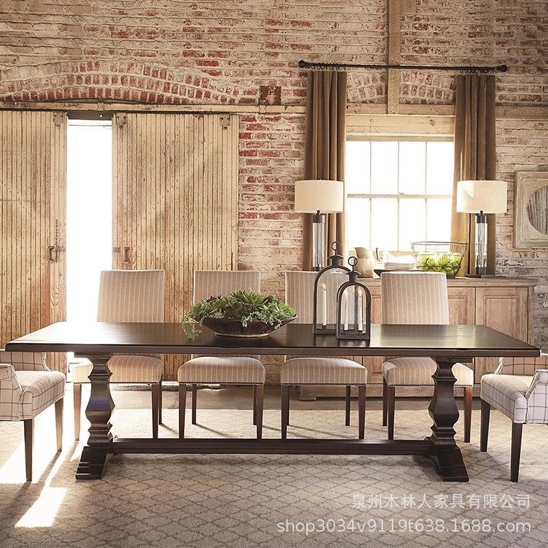 美式乡村桌罗马柱欧式办公接待书桌家用多人复古原木餐台实木餐桌