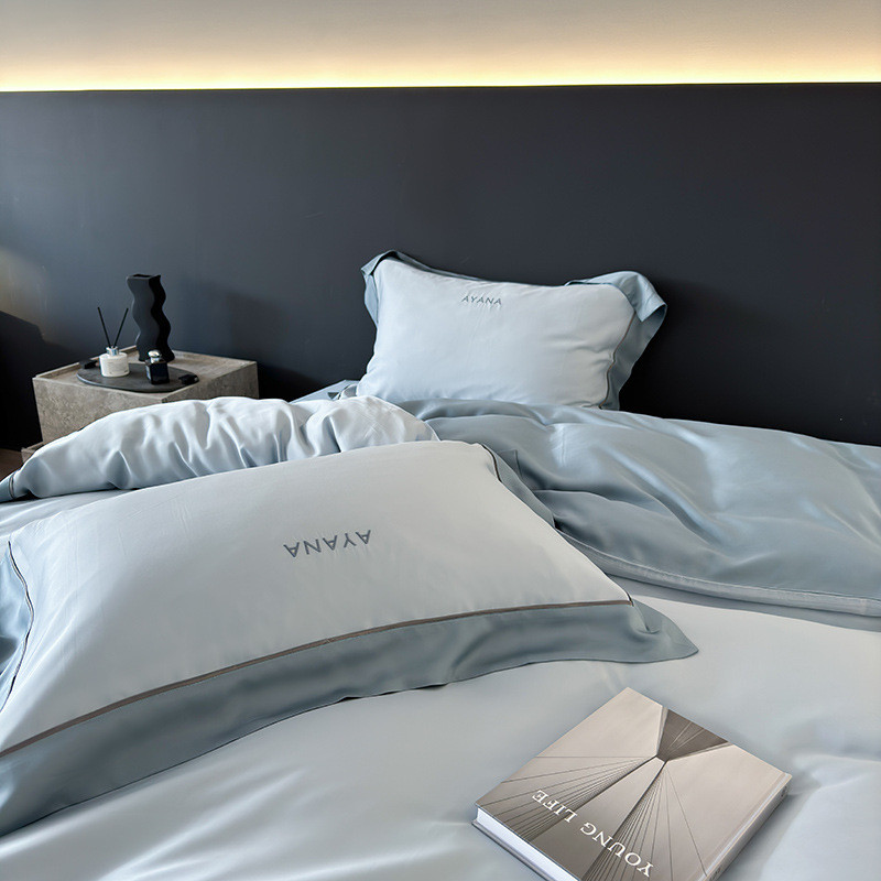 热销高级风简约100s双面天丝四件套凉感春夏被套刺绣撞色床单床上