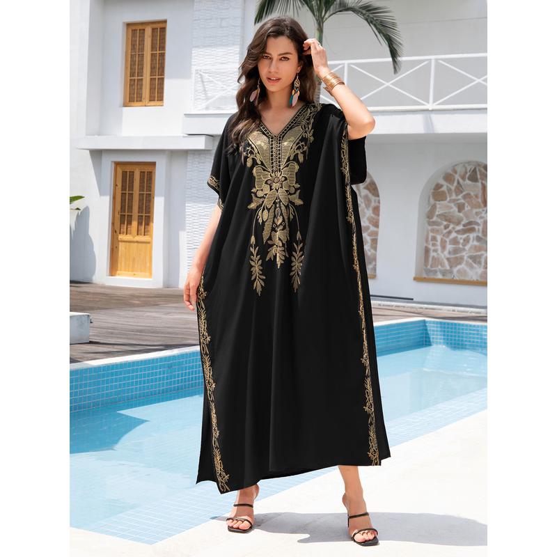 沙滩罩衫人棉金色绣花度假(长袍3色)l4043l