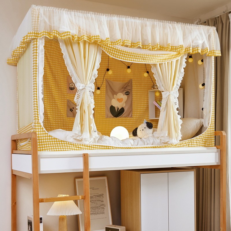 床帘蚊帐一体式花格子女生防蚊全封闭强遮光上铺侧面开门学生宿舍