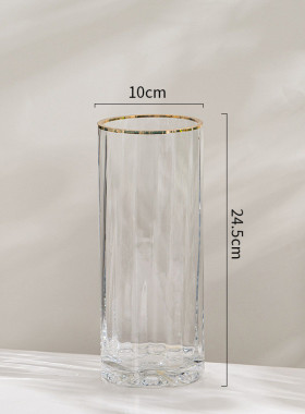 北欧条纹直筒轻奢描金透明玻璃面客厅简约ins插餐桌花瓶摆件装饰
