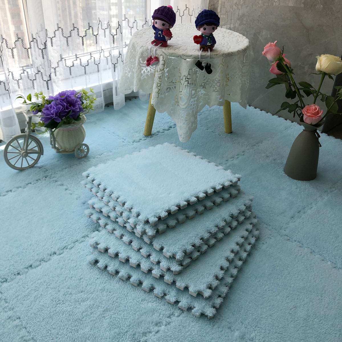 b6j1四季通用绒面地垫拼接卧室床边地毯满铺ins风房间家用客厅飘