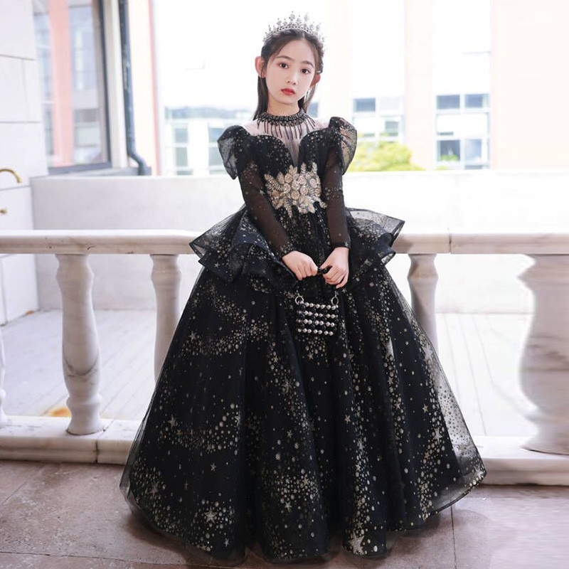 女童晚礼服春季高端生日宴十岁轻奢 网纱黑色公主裙 高级感主持人