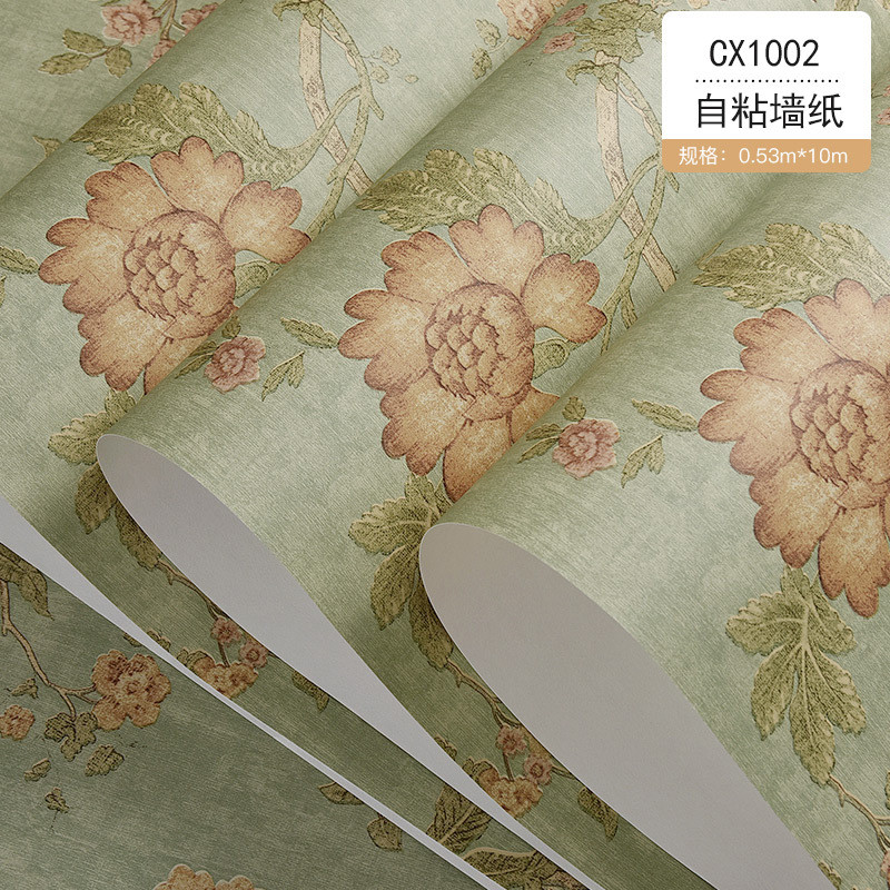 无纺布乡村美式复古花鸟自粘墙纸卧室客厅花朵田园风自贴壁纸厂家