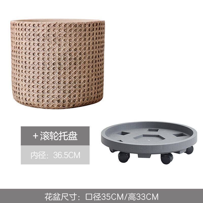 大口径北欧复古编织篮水泥混凝土庭院阳台客厅落地大花盆带托盘