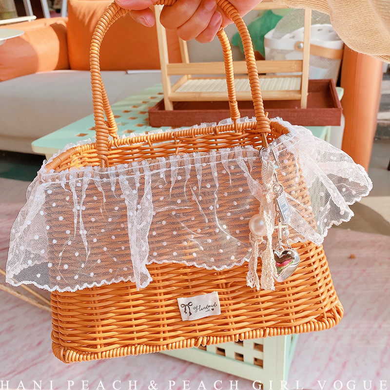 HD212A08蕾丝手提编织收纳筐手提篮野餐野营露营藤编收纳筐置物筐