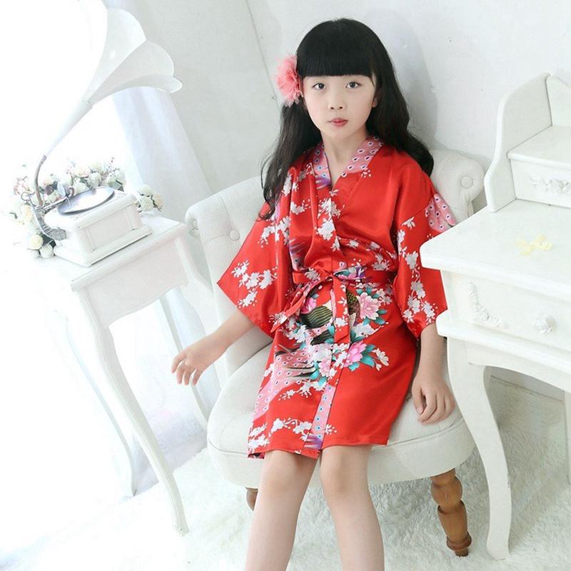 儿童睡衣家居服女童夏季新款睡袍中大童开衫浴袍薄款印花孔雀