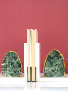 轻奢现代新古典书房摆件简约天然绿水晶石书档样板间玄关装饰书夹