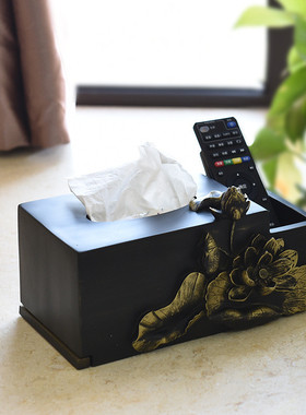 新中式家居用品纸巾盒摆件 仿古艺术客厅办公室荷花长方形抽纸盒