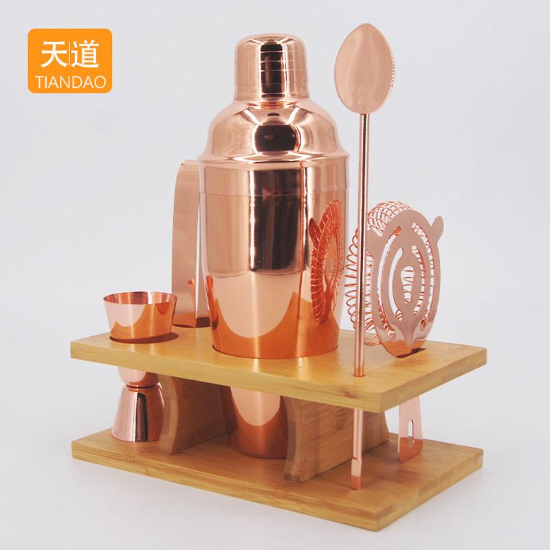 热销批发不锈钢三段式调酒器套装700ml雪克杯调酒底座竹子木架套