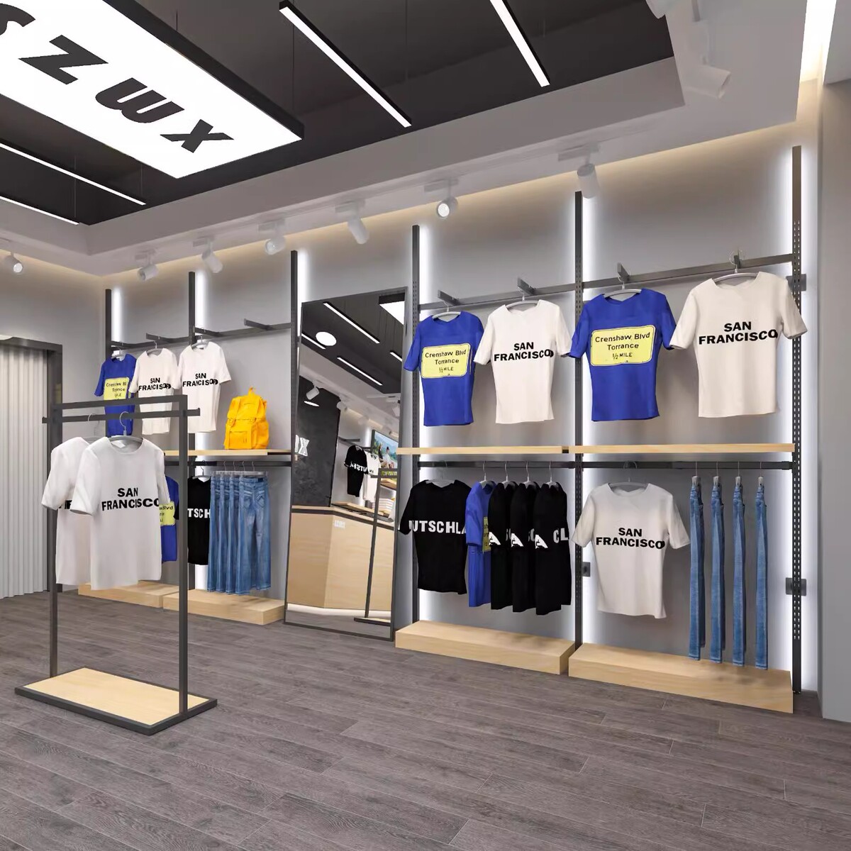 高端壁掛式服裝店展示架上墻架男裝貨架帶燈陳列架專用掛衣架展柜