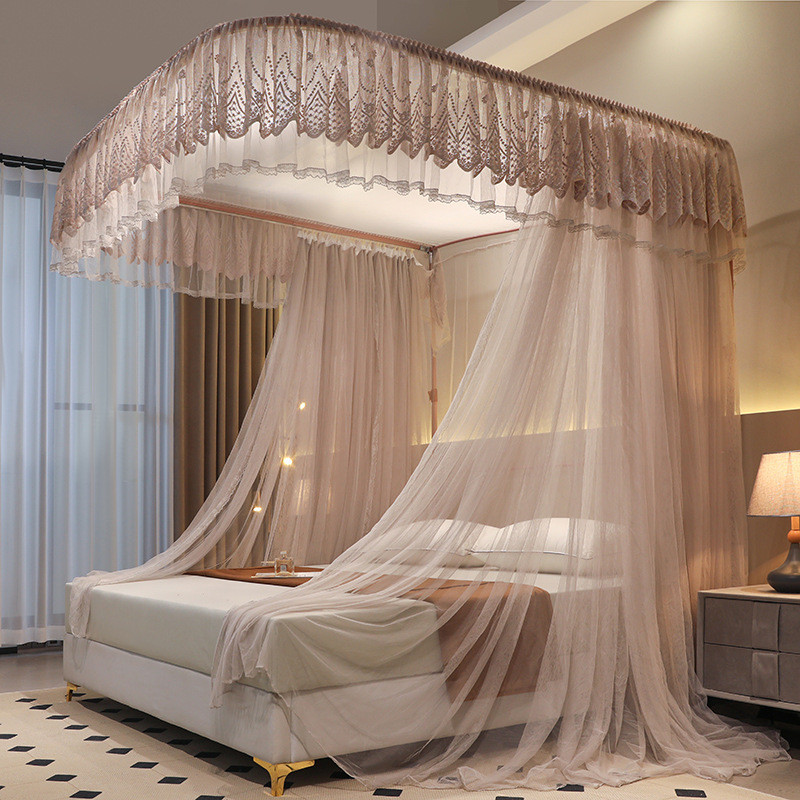 2024新款u型导轨蚊帐落地多层花边公主风加密蕾丝单双人家用