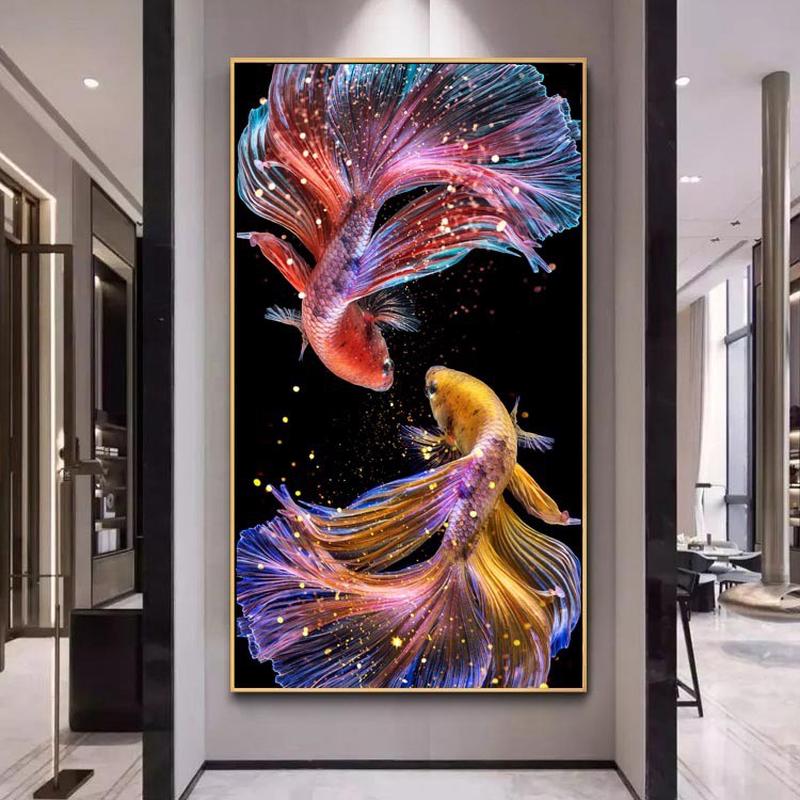 新款钻石画满钻锦鲤客厅玄关竖版点贴砖水晶十字绣小件方钻