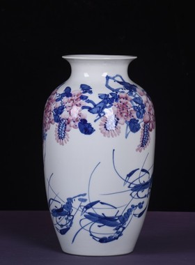 景德镇花瓶瓷器手绘荷花摆件客厅插花新中式家居装饰品瓷瓶摆件