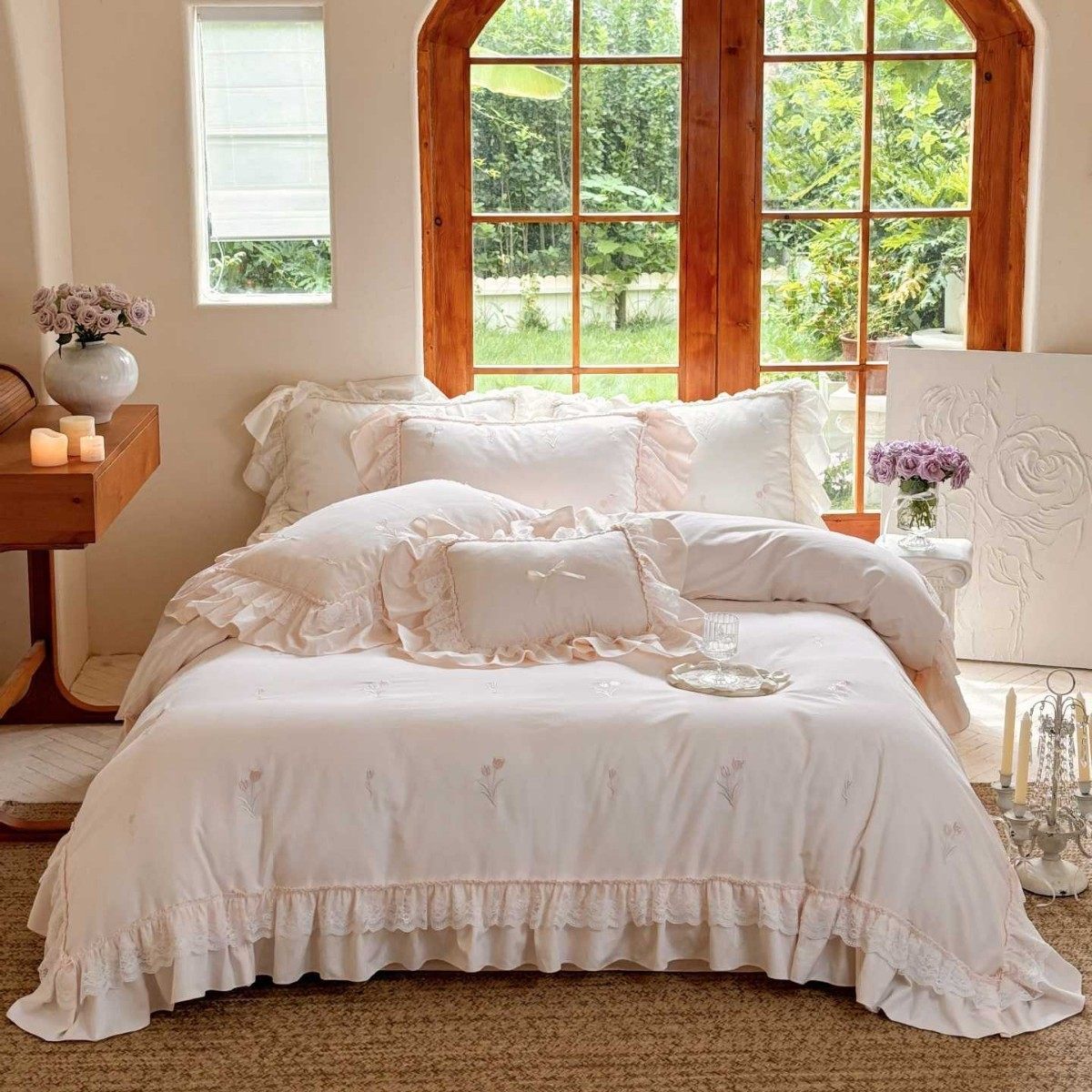 少女心120支全棉磨毛床花卉刺绣加厚被套雪纺百褶花边四件套品