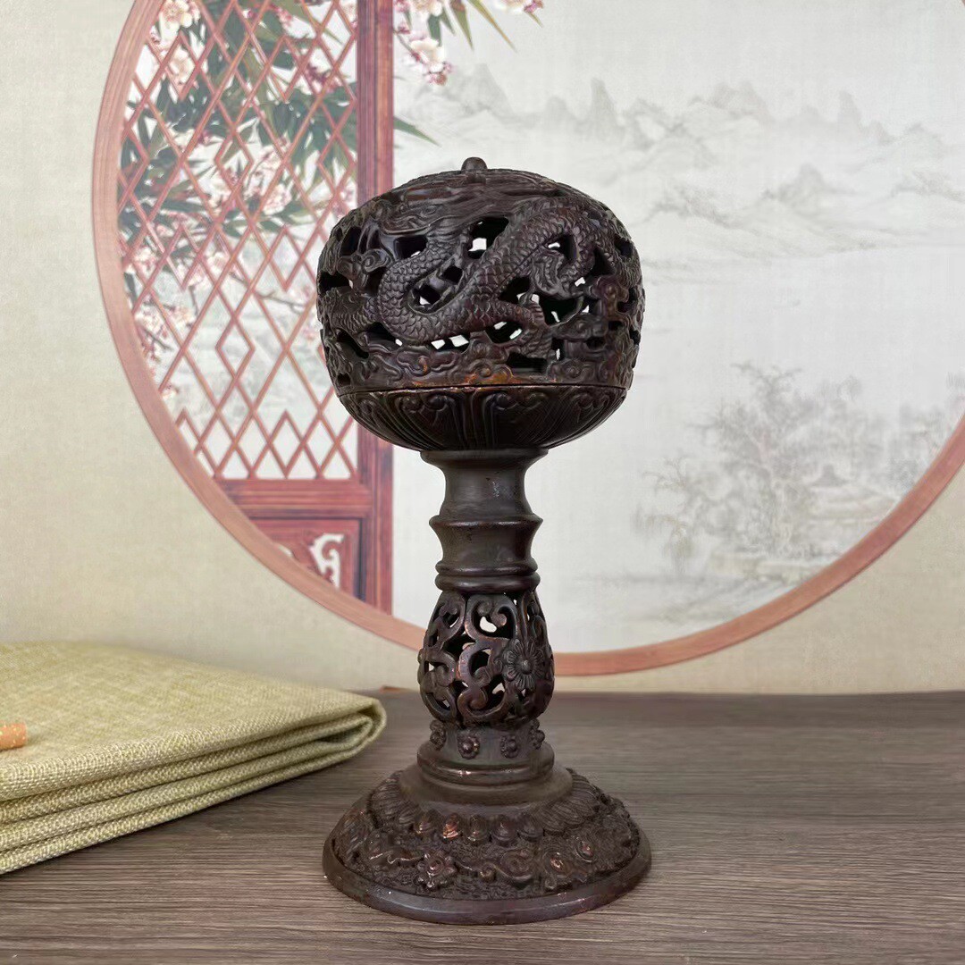 仿古二龙戏珠仿古收藏盘龙铜器香炉镂空薰炉古玩檀香居家摆件