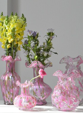 中古风芬顿褶皱花边口粉点洒金纯手工大肚玻璃花瓶水养插花器摆件