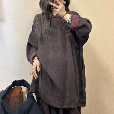 亚麻衬衫T恤女2024秋季新款立领斜襟盘扣中式国风文艺中长款上衣