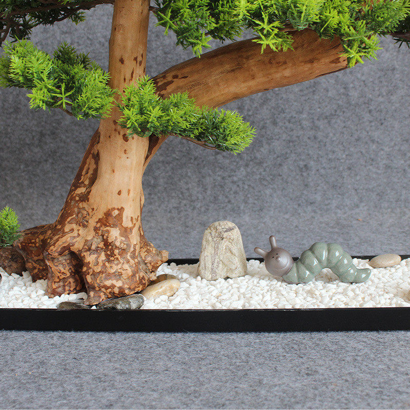 室内植物仿真迎客松摆件手工木质长底座仿真植物工艺品家居摆件