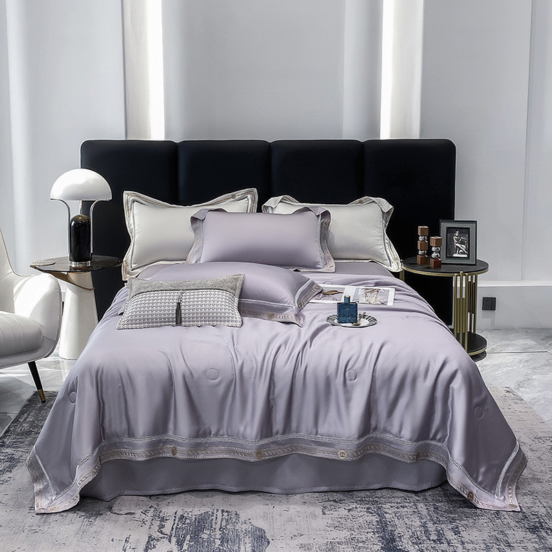 新款简约60支兰精天丝素色绣边镂空款空调被夏季冰丝夏被四件套