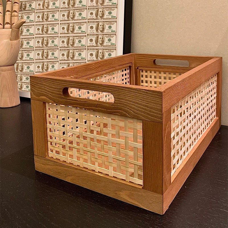 桌面复古收纳筐篮子竹编仿藤编实木收纳盒日式木质长方形置物欧清