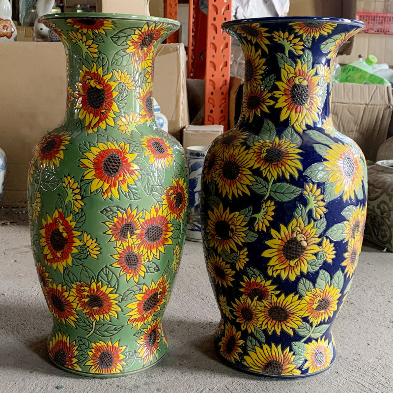 样板房装饰摆件简约艺术彩绘雏菊花器陶瓷花瓶客厅干花插花落地