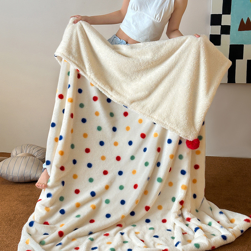 ins绒毛球球兔兔少女心彩色波点午休毯盖毯秋冬毯子沙发休闲毯子