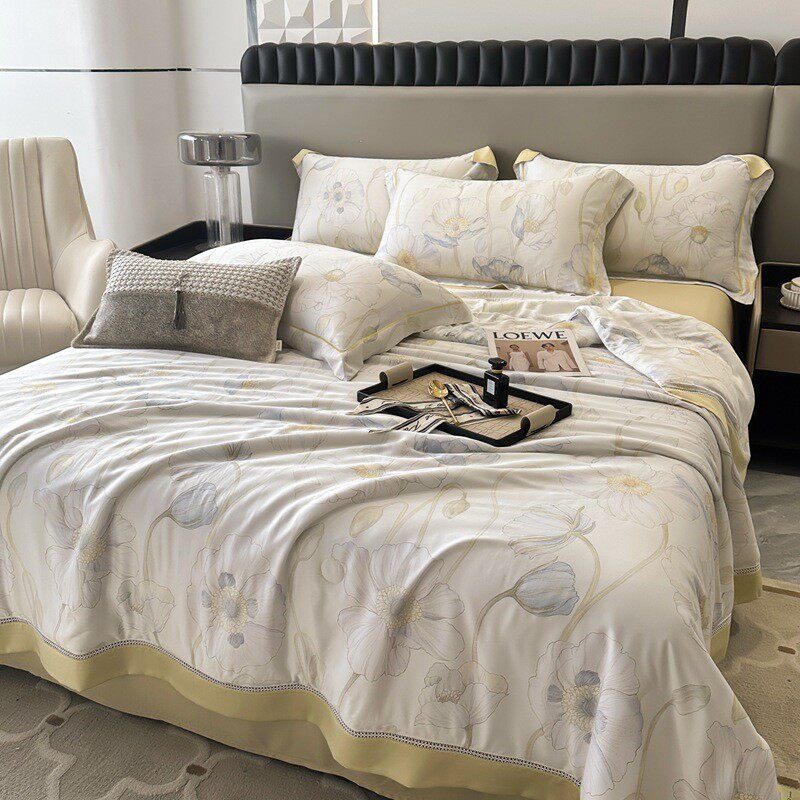 春夏40s天丝小清新印花夏凉被镂空宽边夏被凉感薄款被子四件套